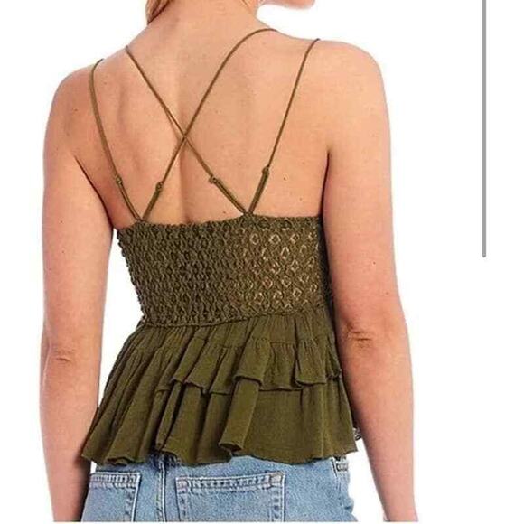 Free People Adella Cami Medium Lace Ruffled Tank Top in Olive Sparrow color - Picture 3 of 3